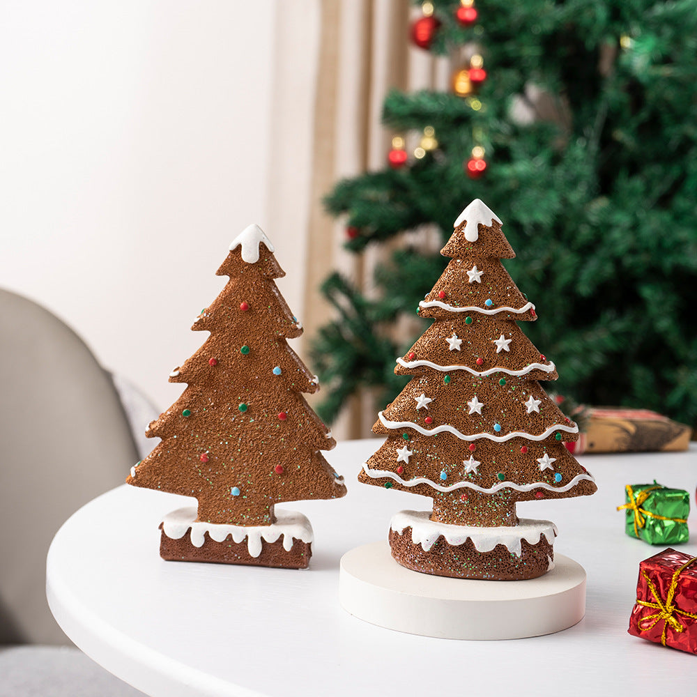 2 Pcs (1 Yellow + 1 Brown) Charming Gingerbread Christmas Tree Figurine - Festive Resin Holiday Table Decor Ornament-Occasions > Christmas > Christmas Decorations-PEROZ Accessories
