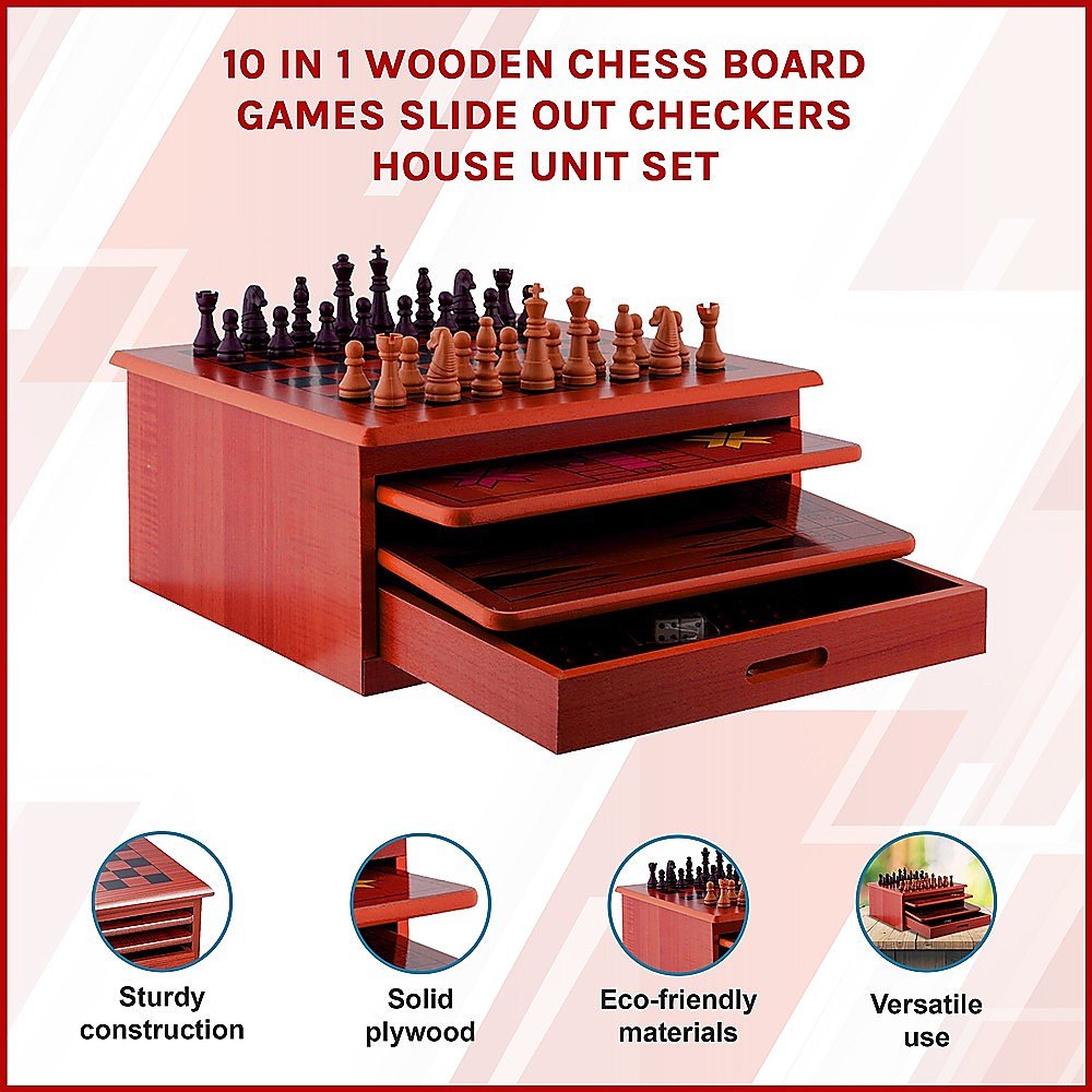 10 in 1 Wooden Chess Board Games Slide Out Checkers House Unit Set-Game Sets &amp; Kits-PEROZ Accessories