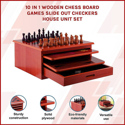 10 in 1 Wooden Chess Board Games Slide Out Checkers House Unit Set-Game Sets &amp; Kits-PEROZ Accessories