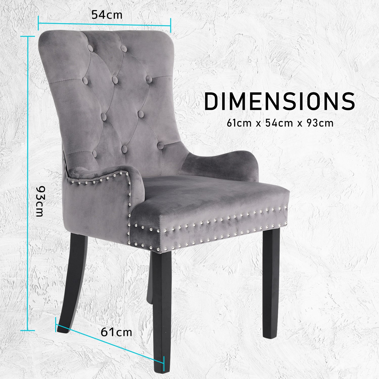 2X French Provincial Dining Chair Ring Studded Velvet Rubberwood Leg LISSE GREY-Furniture > Bedroom > Bedside Tables-PEROZ Accessories