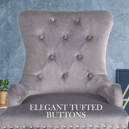 2X French Provincial Dining Chair Ring Studded Velvet Rubberwood Leg LISSE GREY-Furniture > Bedroom > Bedside Tables-PEROZ Accessories