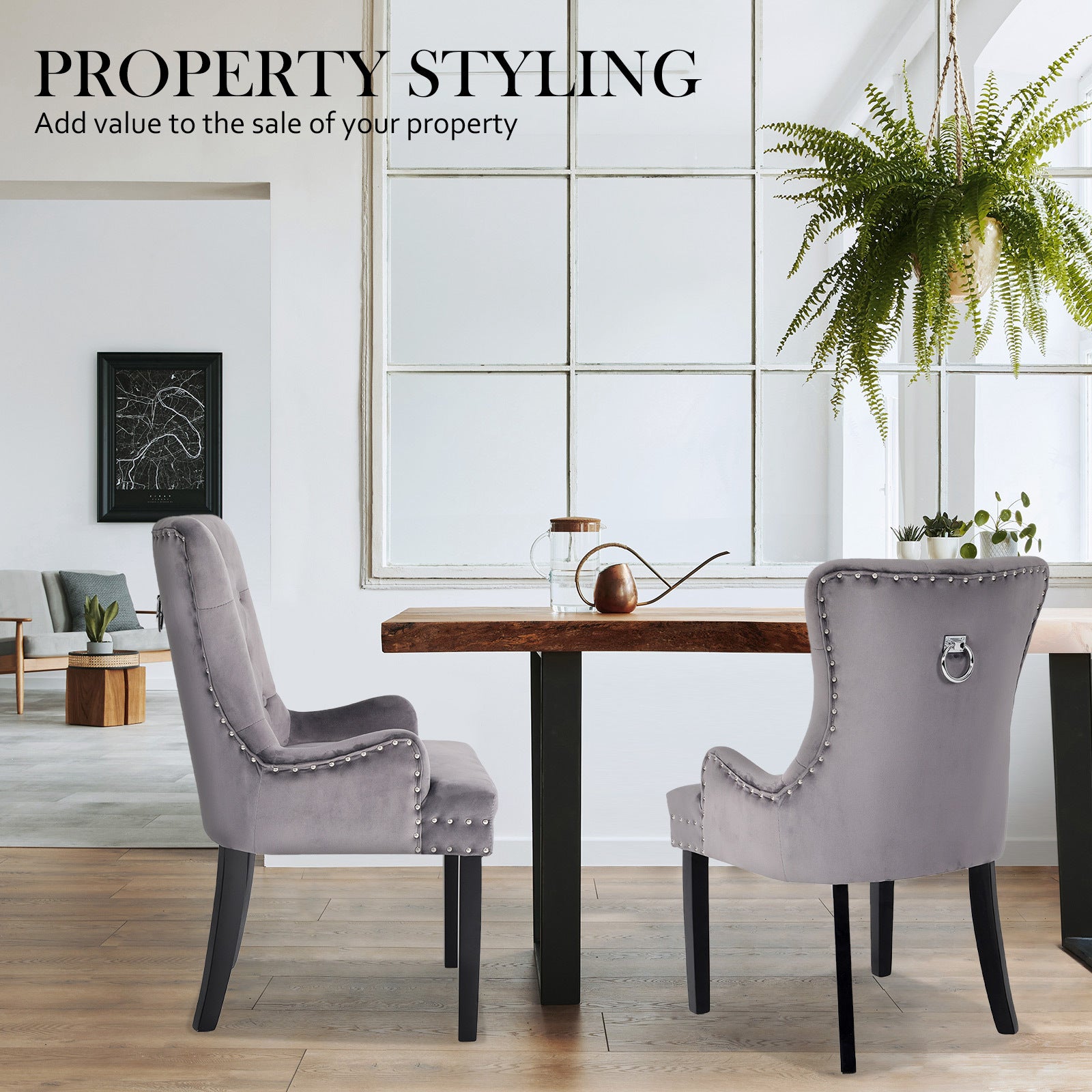 2X French Provincial Dining Chair Ring Studded Velvet Rubberwood Leg LISSE GREY-Furniture > Bedroom > Bedside Tables-PEROZ Accessories