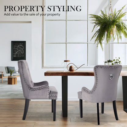 2X French Provincial Dining Chair Ring Studded Velvet Rubberwood Leg LISSE GREY-Furniture > Bedroom > Bedside Tables-PEROZ Accessories