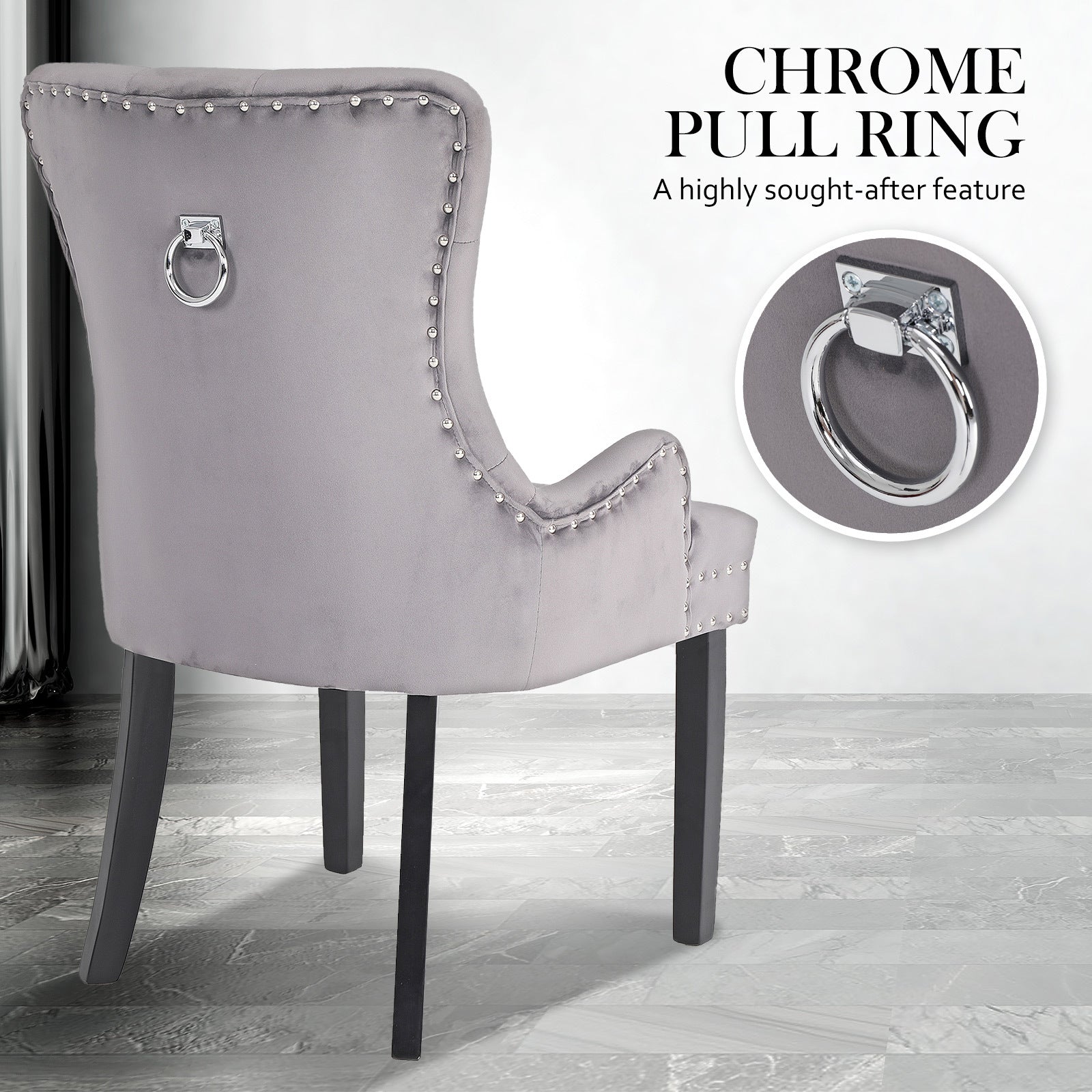 2X French Provincial Dining Chair Ring Studded Velvet Rubberwood Leg LISSE GREY-Furniture > Bedroom > Bedside Tables-PEROZ Accessories
