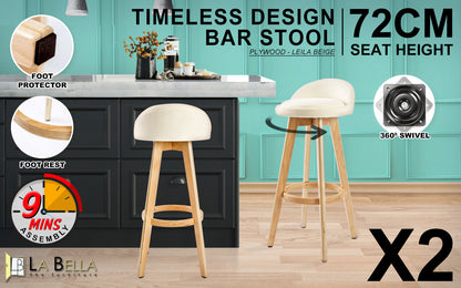 2X Wood Bar Stool Dining Chair Fabric LEILA 72cm BEIGE-Furniture > Bar Stools &amp; Chairs > Table &amp; Bar Stools-PEROZ Accessories