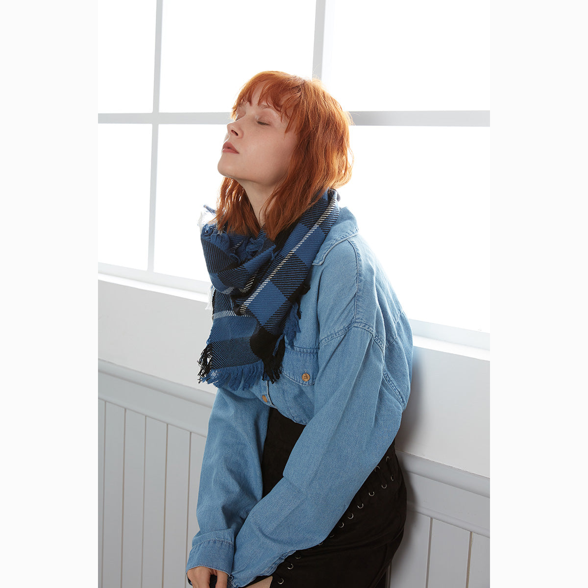 Ugg Fringed Check Wool Scarf Blue and Check-Scarves-PEROZ Accessories