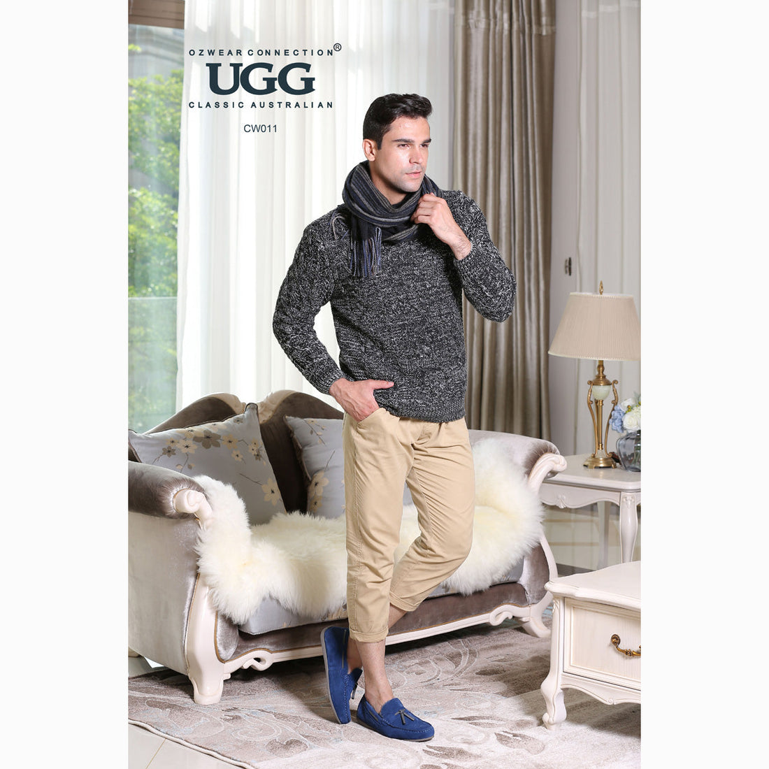 Ugg Cashmere &amp; Wool Scarf Navy and Bedge (Stripe)-Scarves-PEROZ Accessories