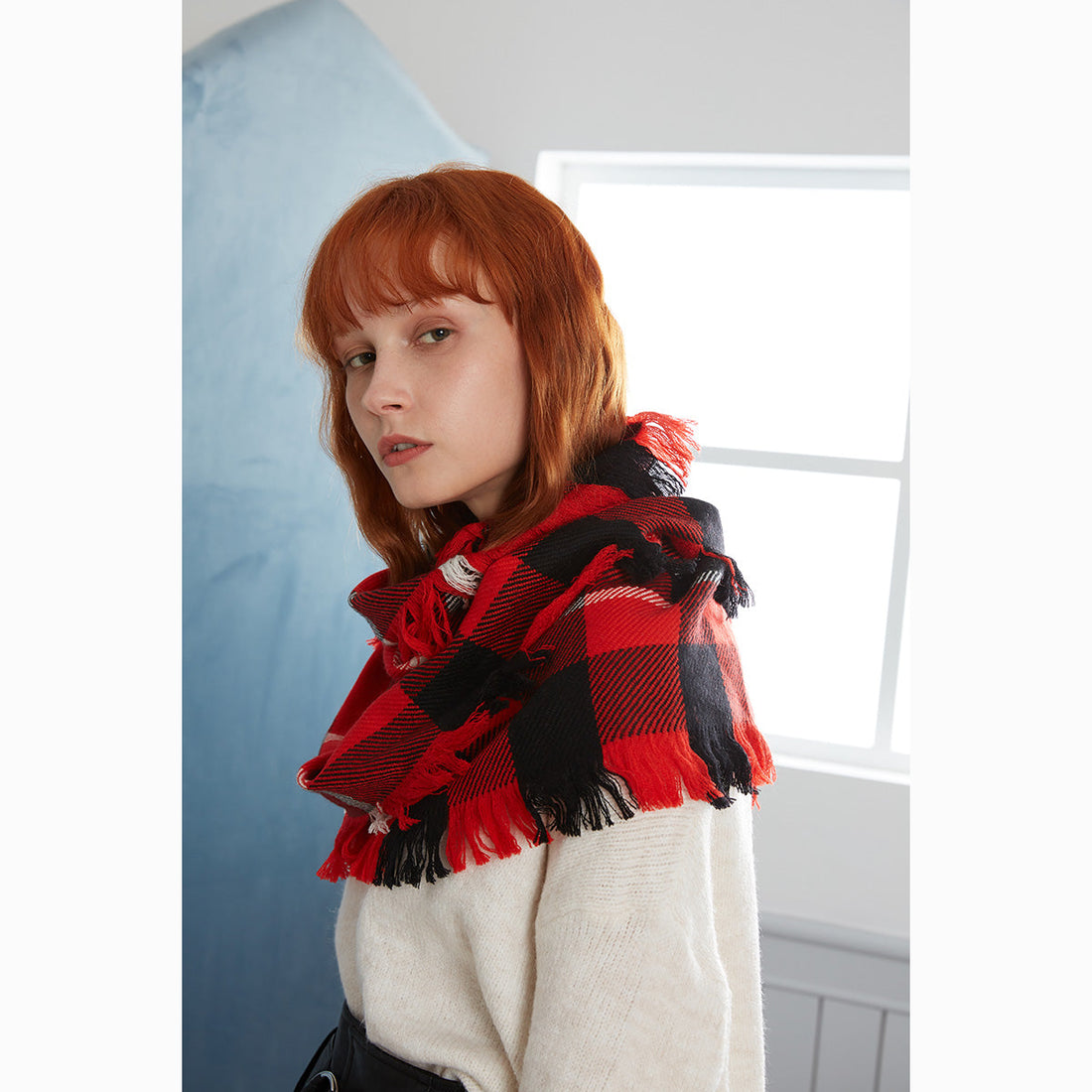 Ugg Fringed Check Wool Scarf Red and Check-Scarves-PEROZ Accessories