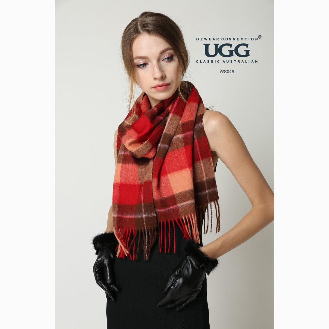 Ugg 100% Wool Scarf Check Red and Brown-Scarves-PEROZ Accessories