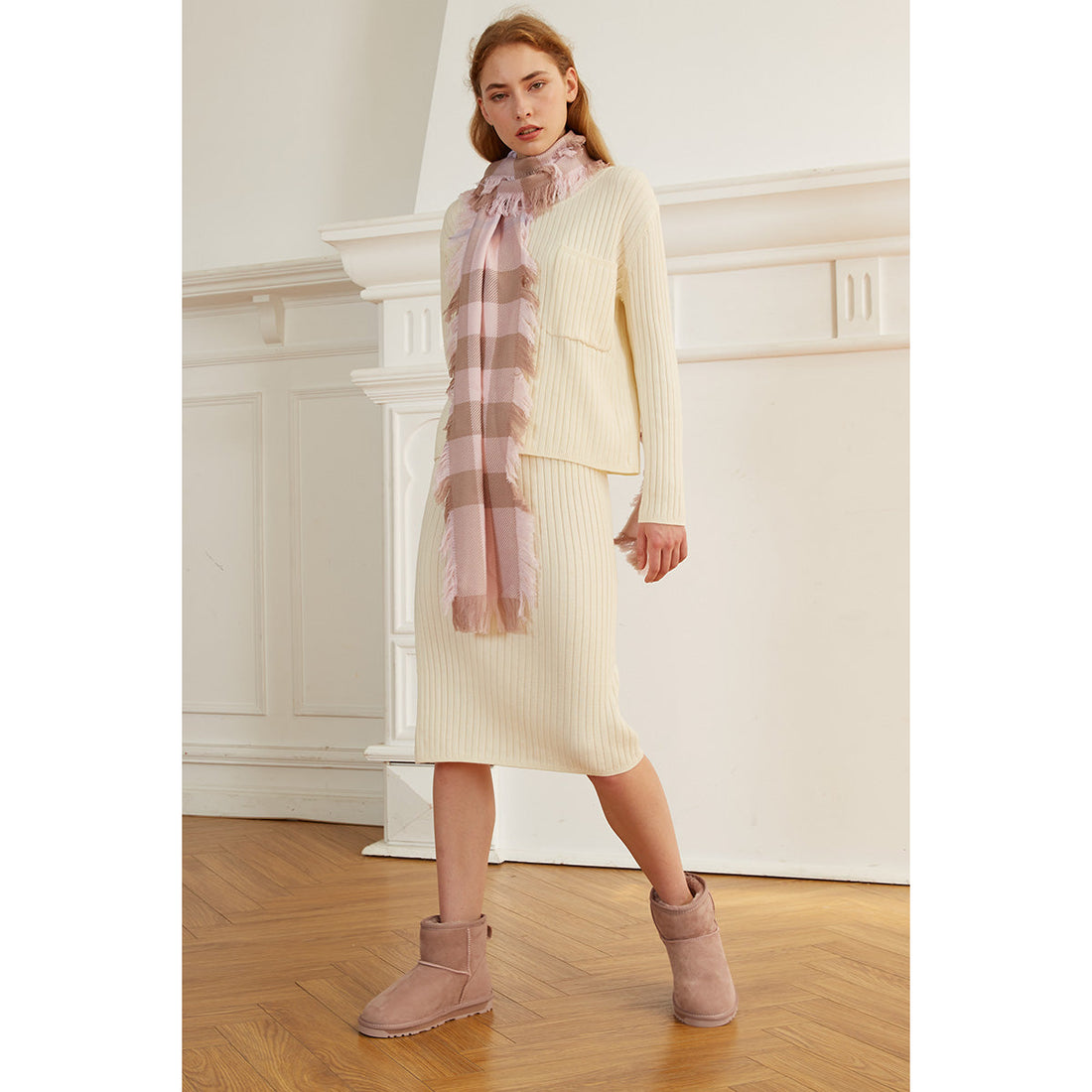 Ugg Fringed Check Wool Scarf Pink and Check-Scarves-PEROZ Accessories