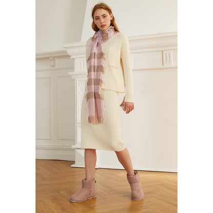 Ugg Fringed Check Wool Scarf Pink and Check-Scarves-PEROZ Accessories