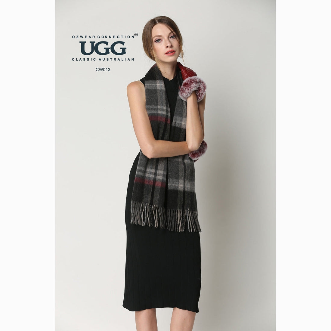 Ugg Cashmere &amp; Wool Scarf Grey and Camel (Check)-Scarves-PEROZ Accessories
