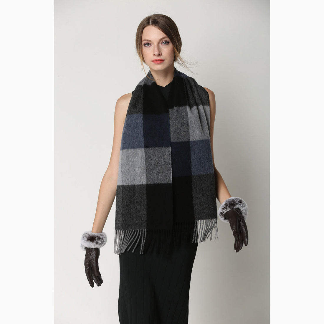 Ugg Cashmere &amp; Wool Scarf Blue Grey and Black-Scarves-PEROZ Accessories