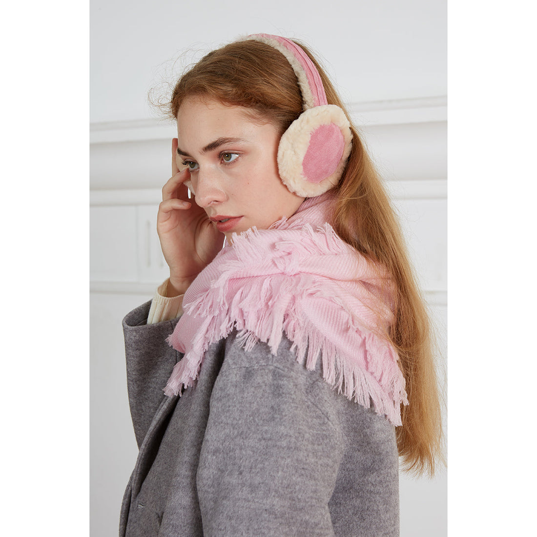 Ugg Fringed Check Wool Scarf Pink-Scarves-PEROZ Accessories