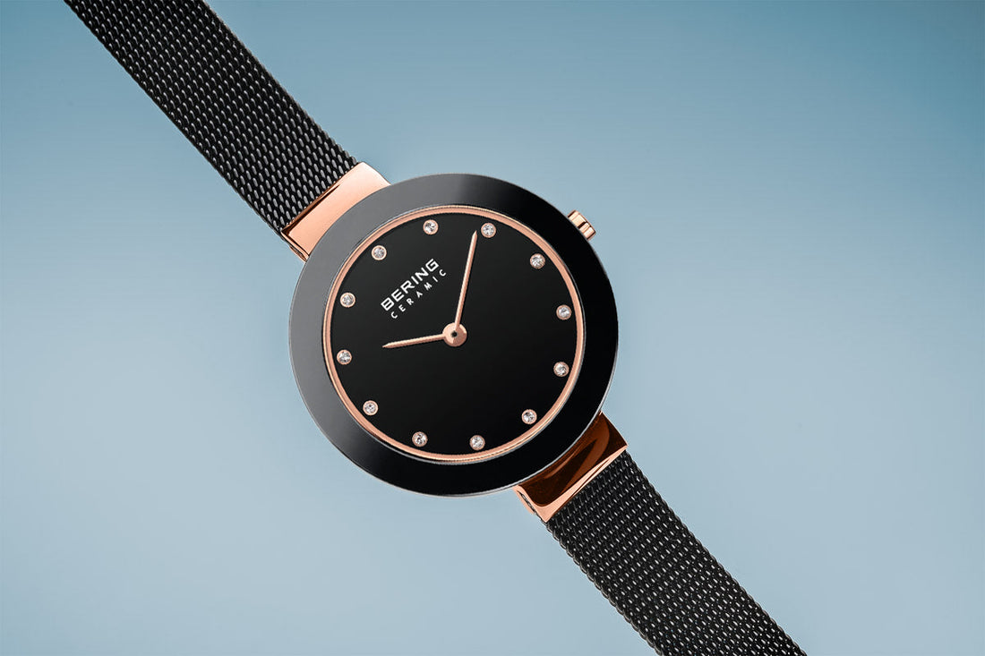 Bering Ceramic Polished Rose Gold Black Mesh Watch-PEROZ Accessories
