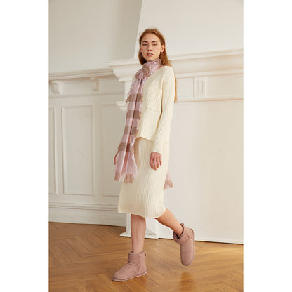 Ugg Fringed Check Wool Scarf Pink and Check-Scarves-PEROZ Accessories