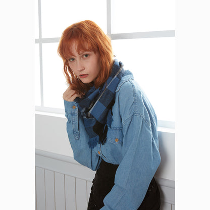 Ugg Fringed Check Wool Scarf Blue and Check-Scarves-PEROZ Accessories