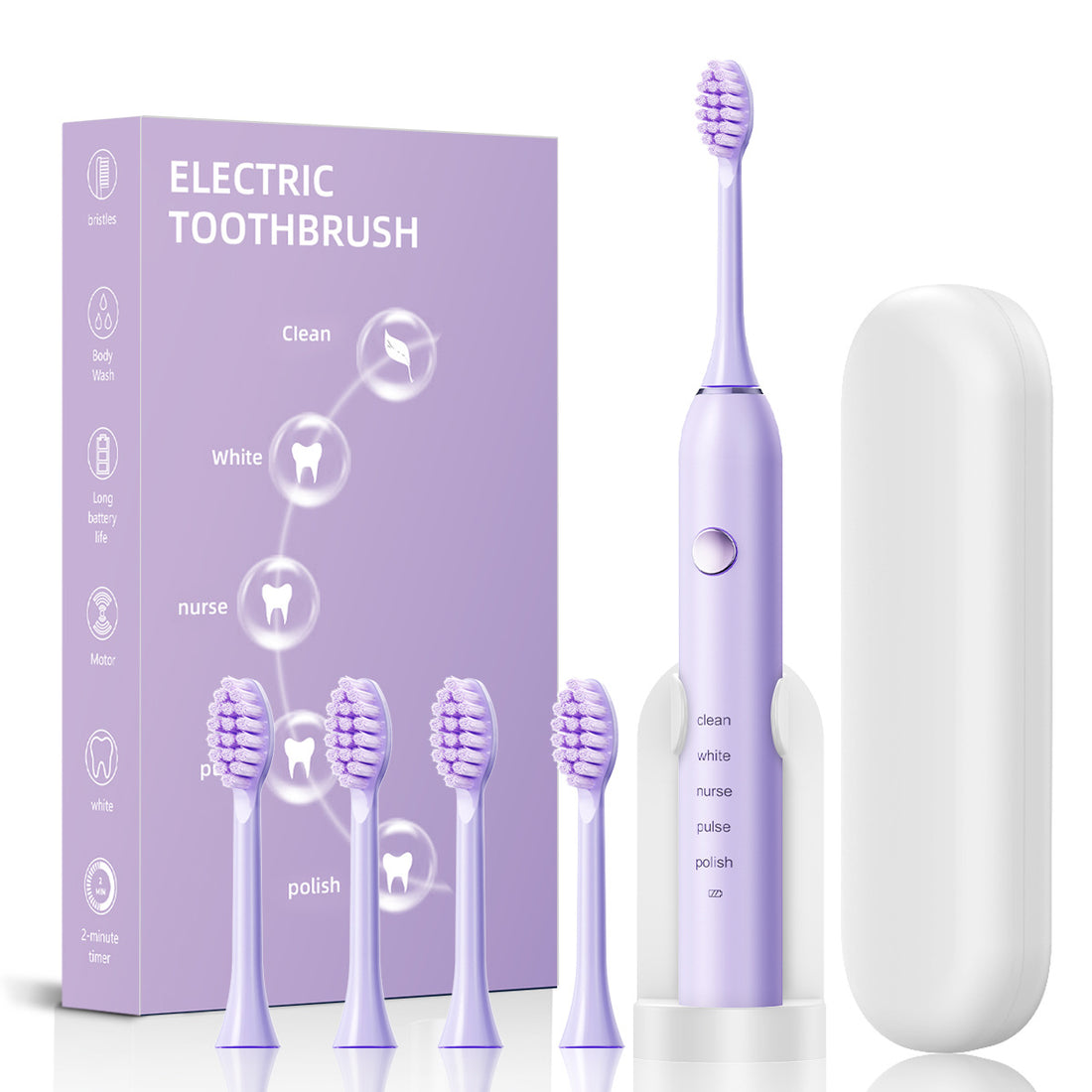 4 Brush Heads + Holder + Toothbrush Case Advanced Sonic Electric Toothbrush with 5 Modes, Smart Timer &amp; Type-C Charging - For Adults &amp; Kids-Oral Care-PEROZ Accessories