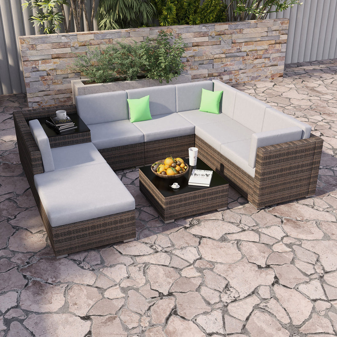 Milano 9 Piece Wicker Rattan Sofa Set Grey Outdoor Lounge Furniture-Outdoor Sofa/Lounge Sets-PEROZ Accessories