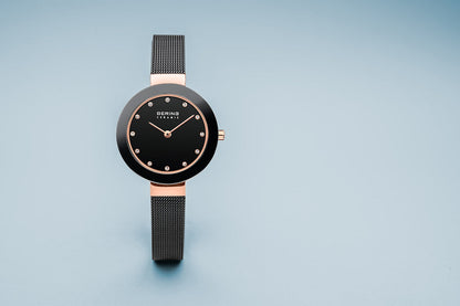 Bering Ceramic Polished Rose Gold Black Mesh Watch-PEROZ Accessories