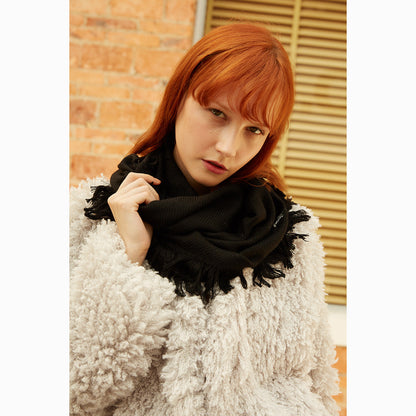Ugg Fringed Check Wool Scarf Black-Scarves-PEROZ Accessories