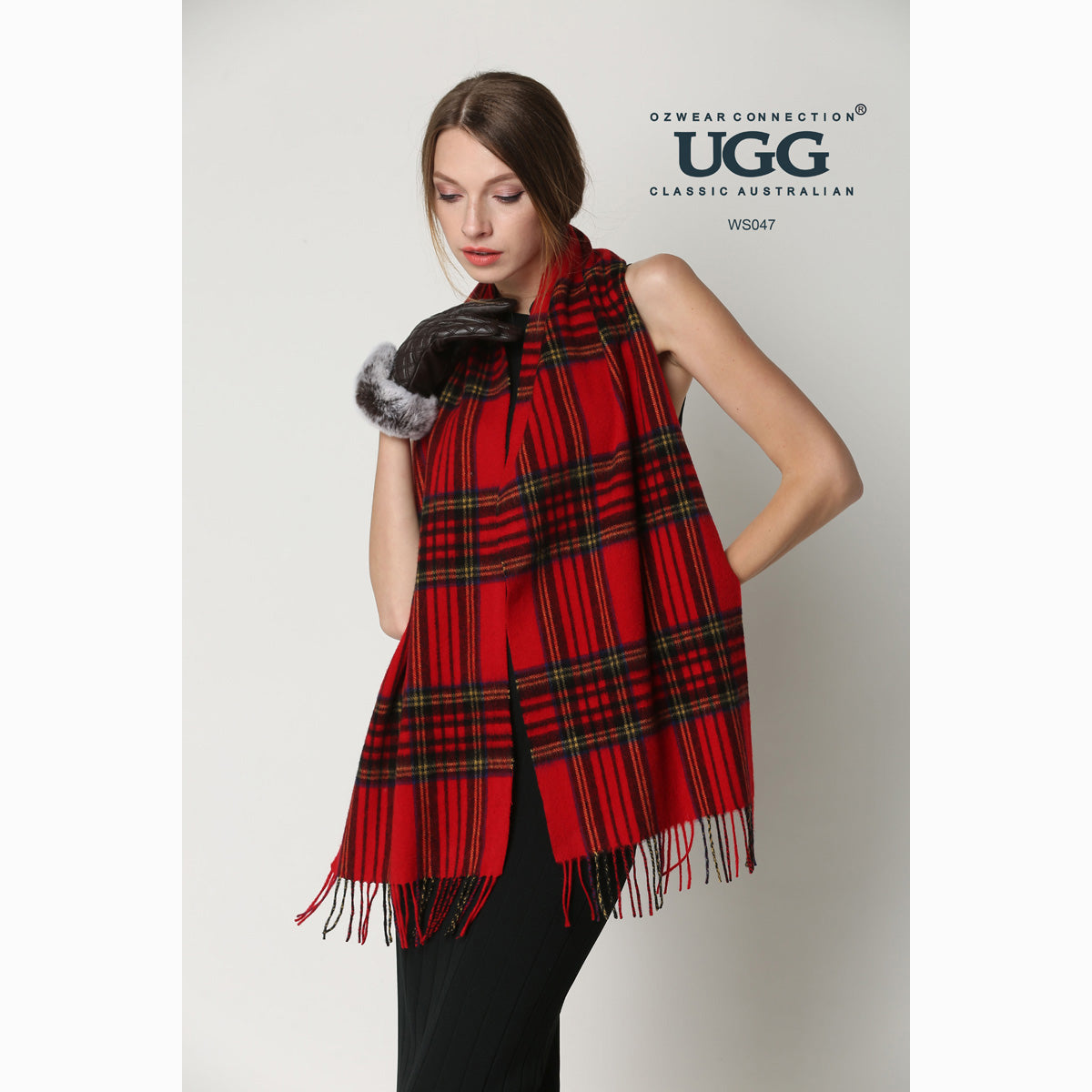 Ugg 100% Wool Scarf Check Red and Navy-Scarves-PEROZ Accessories