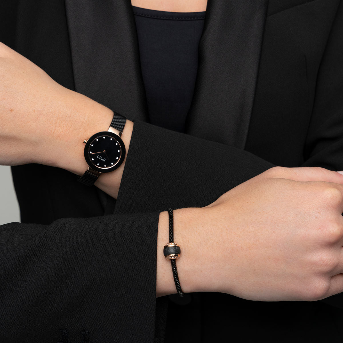 Bering Ceramic Polished Rose Gold Black Mesh Watch-PEROZ Accessories
