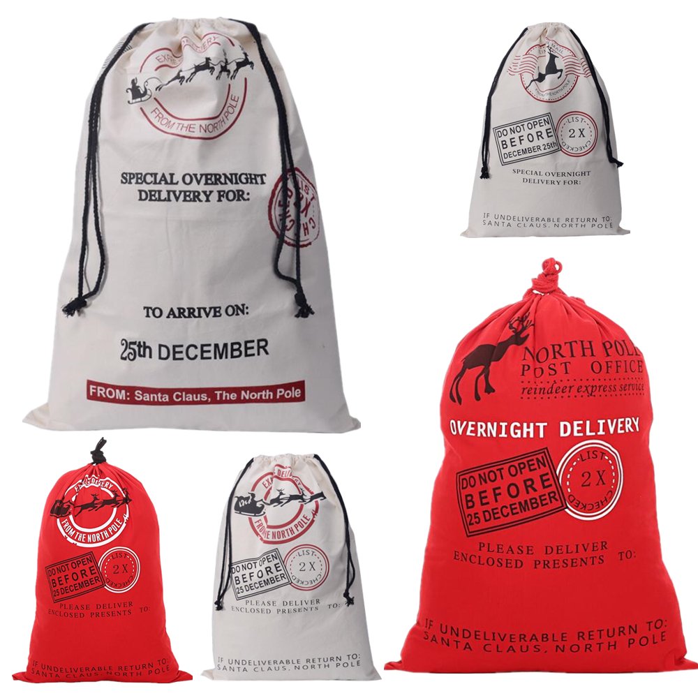 50x70cm Canvas Hessian Christmas Santa Sack Xmas Stocking Reindeer Kids Gift Bag, Cream - Christmas Presents-Occasions > Christmas > Christmas Decorations-PEROZ Accessories
