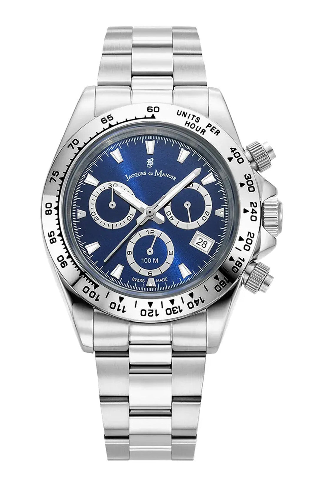 Jacques Du Manoir Swiss Phoenix Chrono 40mm 100m Water Resistant Blue Dial Stainless Steel Strap Watch-PEROZ Accessories
