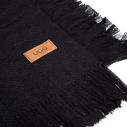 Ugg Fringed Check Wool Scarf Black-Scarves-PEROZ Accessories