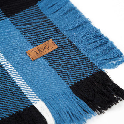 Ugg Fringed Check Wool Scarf Blue and Check-Scarves-PEROZ Accessories