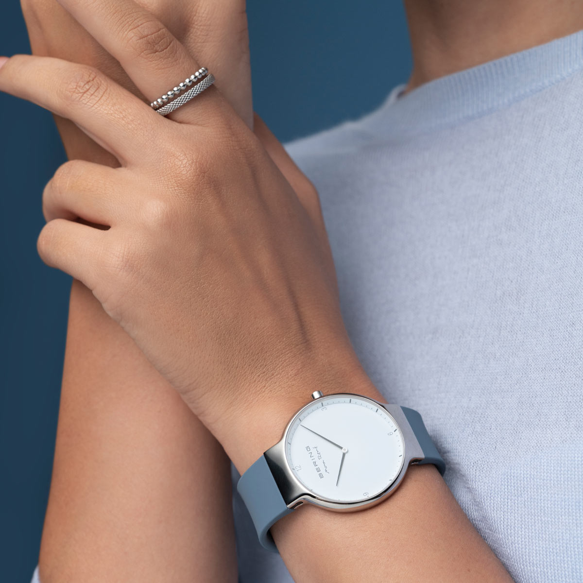 Bering Max René Polished Silver Blue Silicone Watch-PEROZ Accessories