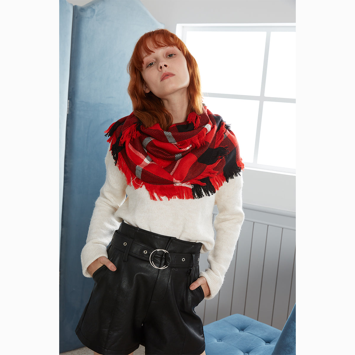 Ugg Fringed Check Wool Scarf Red and Check-Scarves-PEROZ Accessories