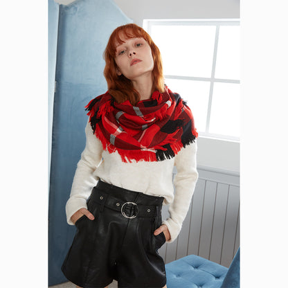Ugg Fringed Check Wool Scarf Red and Check-Scarves-PEROZ Accessories
