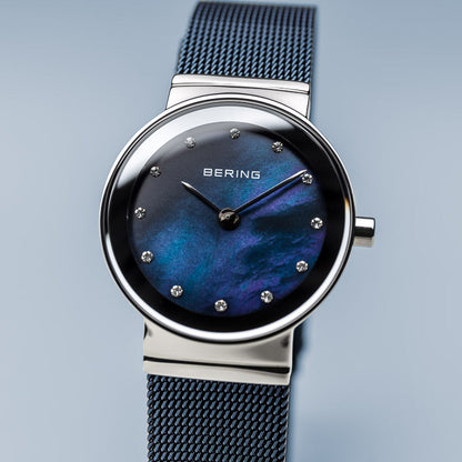 Bering Classic Polished Silver Blue Mesh Watch-PEROZ Accessories