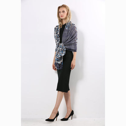 Ugg 100% Australian Merino Wool Scarf Purplish Blue and Check-Scarves-PEROZ Accessories