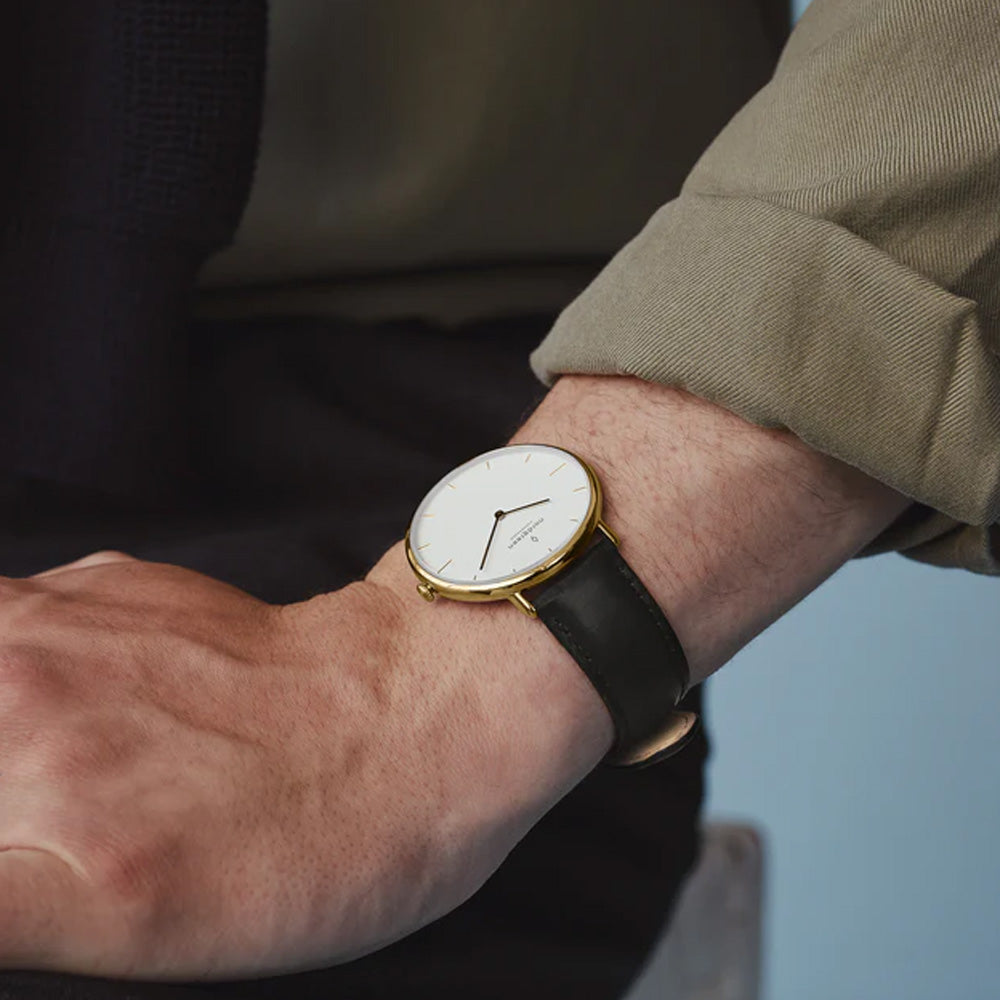 Nordgreen Native 36mm Yellow Gold Case Black Leather Strap Watch-PEROZ Accessories