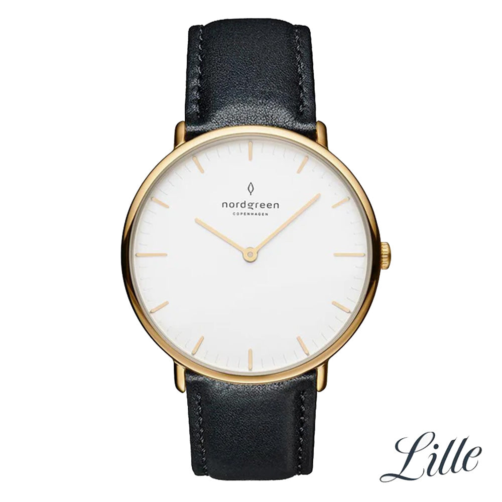 Nordgreen Native 40mm Yellow Gold Case Black Leather Watch-PEROZ Accessories