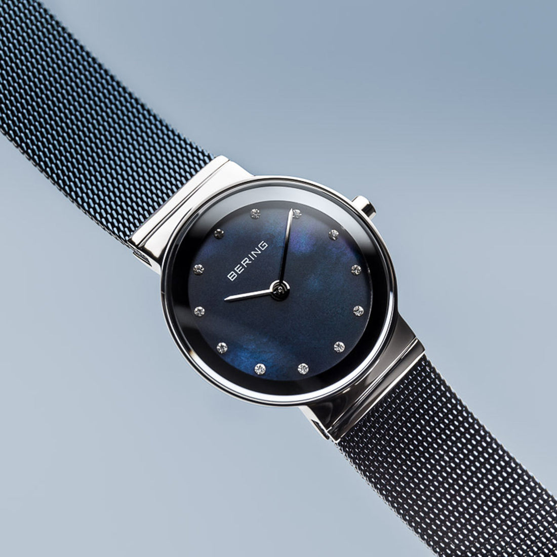 Bering Classic Polished Silver Blue Mesh Watch-PEROZ Accessories