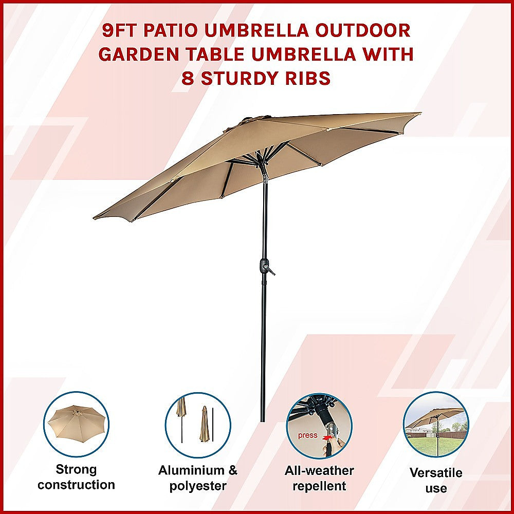 9FT Patio Umbrella Outdoor Garden Table Umbrella with 8 Sturdy Ribs-Home &amp; Garden > Shading > Umbrellas &amp; Sunshades-PEROZ Accessories