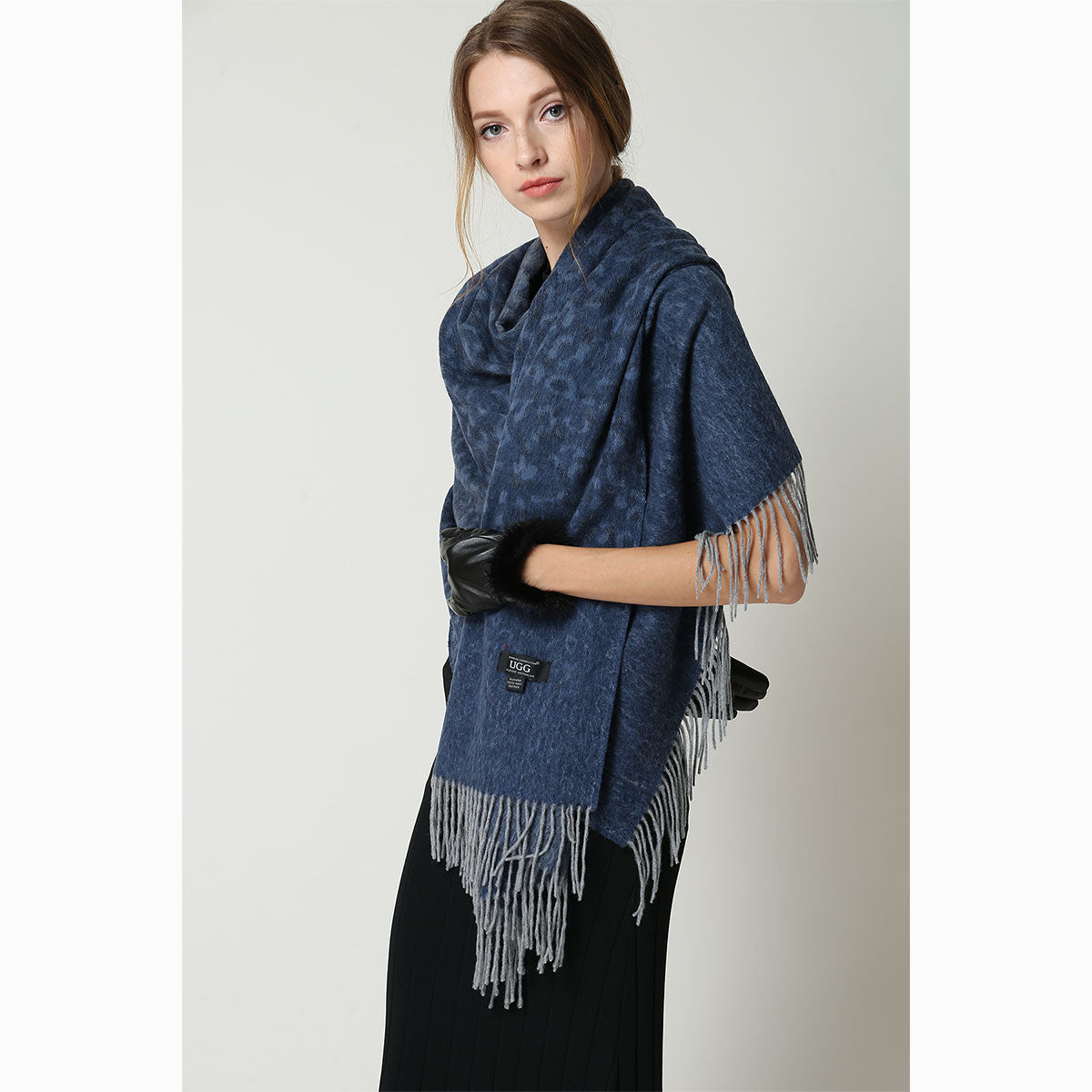 Ugg Cashmere &amp; Wool Wrap Navy and Grey-Wrap-PEROZ Accessories
