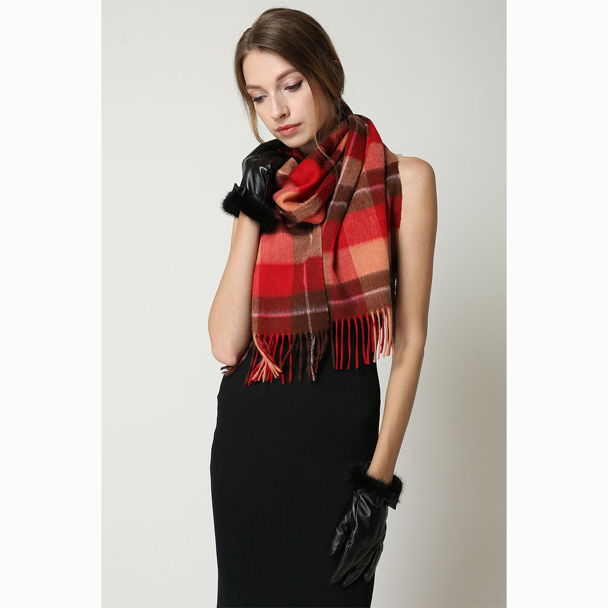 Ugg 100% Wool Scarf Check Red and Brown-Scarves-PEROZ Accessories