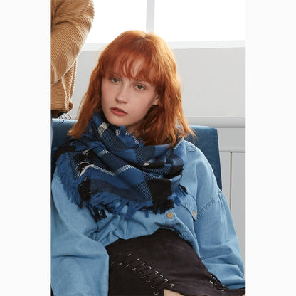 Ugg Fringed Check Wool Scarf Blue and Check-Scarves-PEROZ Accessories
