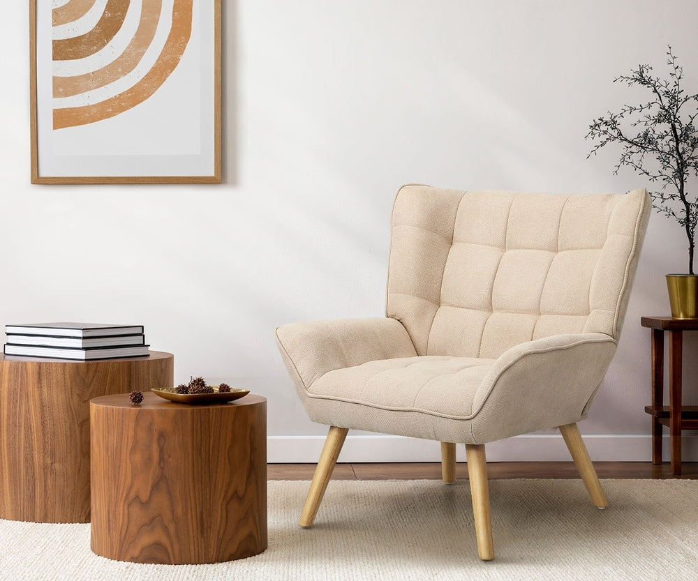 Oikiture 2x Armchair Sofa Lounge Fabric Upholstered Tub Beige-Armchair-PEROZ Accessories