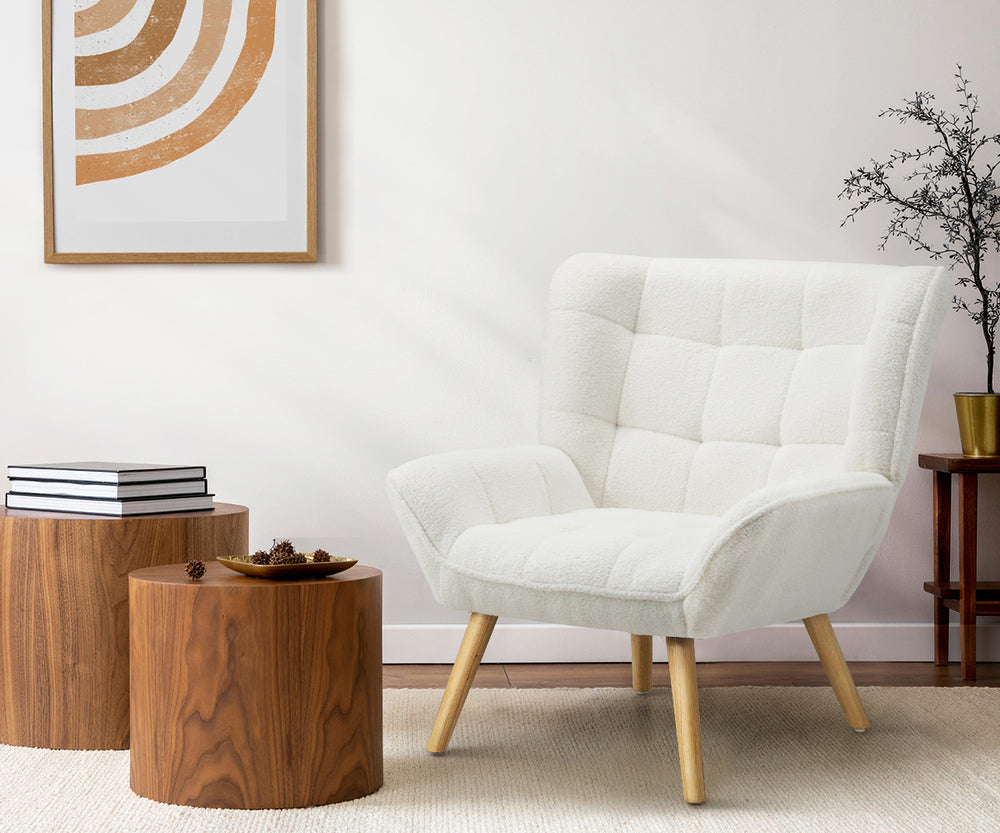 Oikiture Armchair Sofa Lounge Sherpa Upholstered White-Armchairs-PEROZ Accessories
