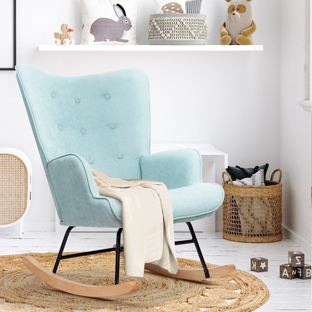 Oikiture Rocking Chair Nursing Armchair Velvet Accent Chairs Upholstered Blue-Armchairs-PEROZ Accessories
