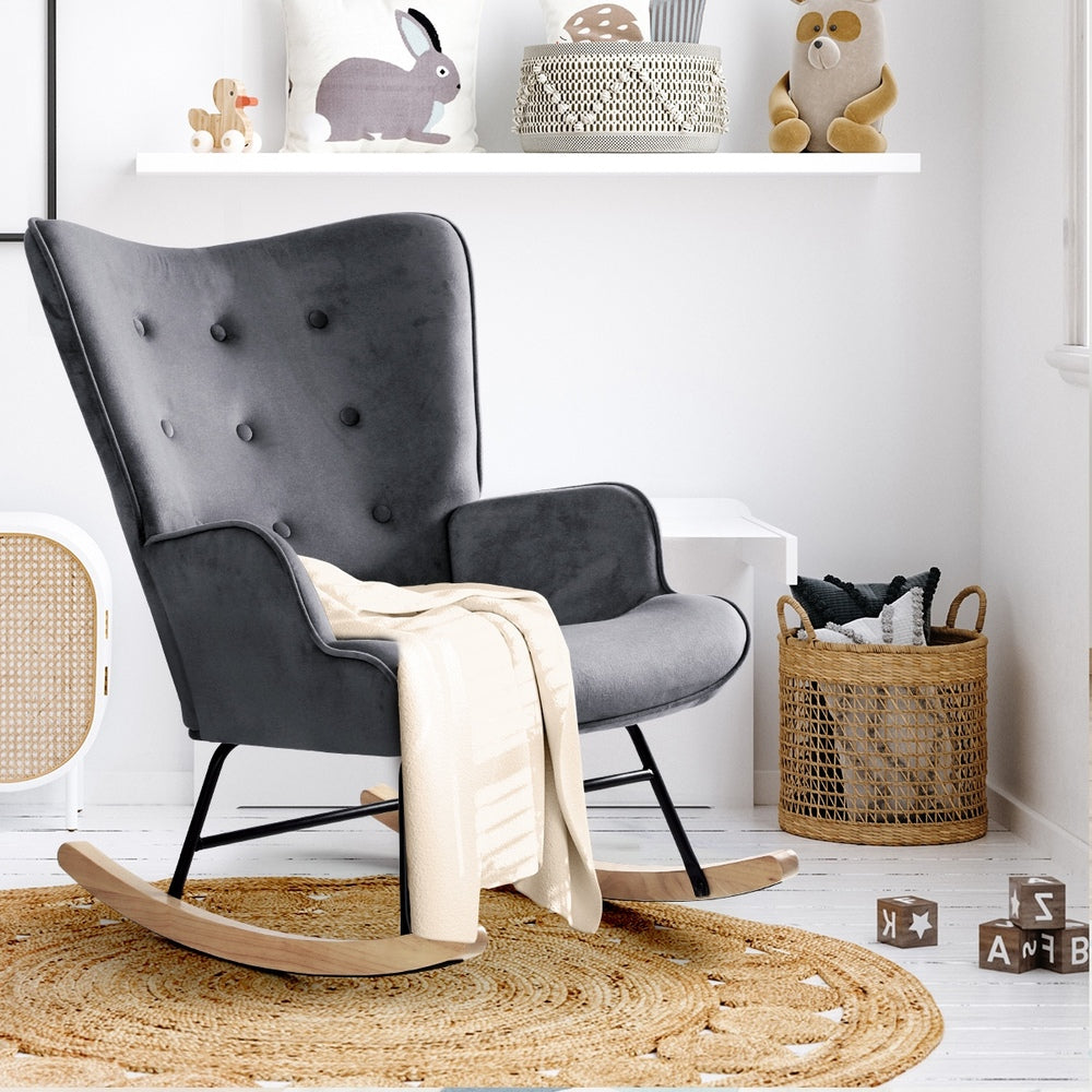 Oikiture Rocking Chair Armchair Velvet Accent Chairs Fabric Upholstered Grey-Armchairs-PEROZ Accessories