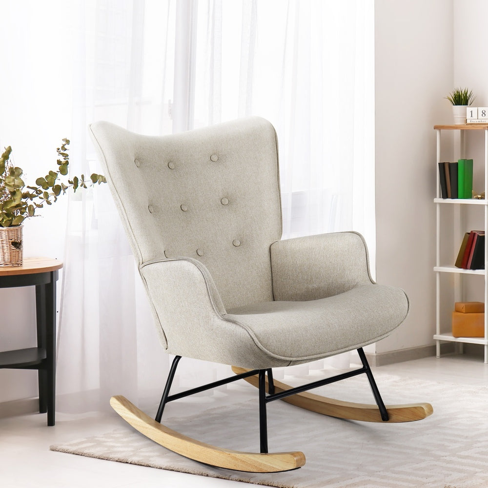Oikiture Rocking Chair Nursing Armchair Velvet Accent Chairs Upholstered Beige-Armchairs-PEROZ Accessories