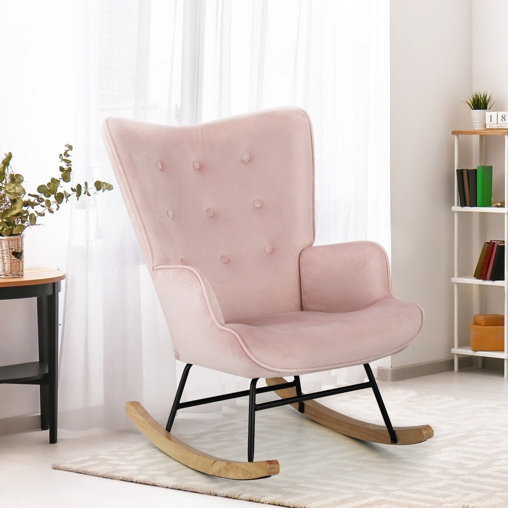 Oikiture Rocking Chair Nursing Armchair Velvet Accent Upholstered Pink-Armchair-PEROZ Accessories