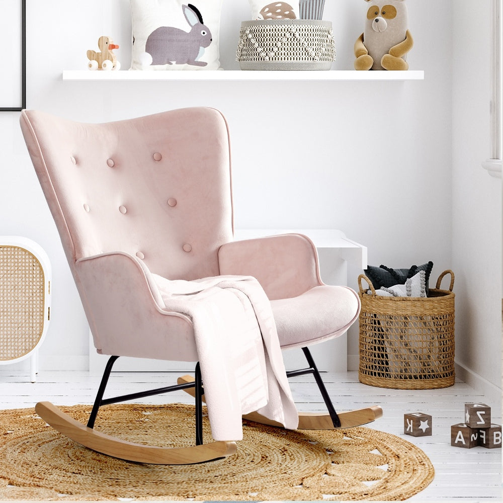 Oikiture Rocking Chair Nursing Armchair Velvet Accent Upholstered Pink-Armchair-PEROZ Accessories
